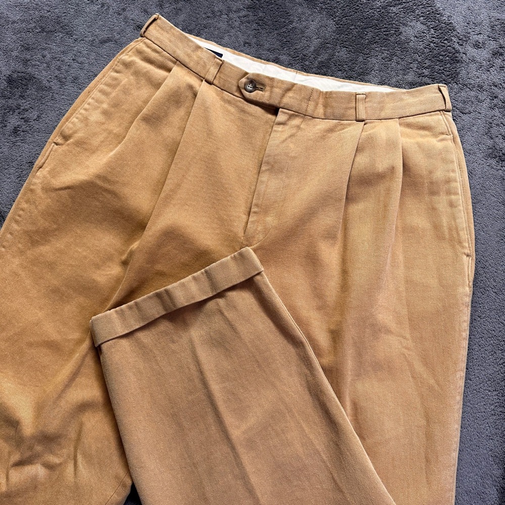 Lands End Pleated Chinos Mens 35 Tan Cotton Twill Cuffed Trousers Regular 33x28